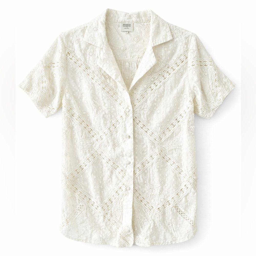 Anthropologie Hemant & Nandita White Eyelet Cotton Blouse XS Boho Romantic - Picture 2 of 5